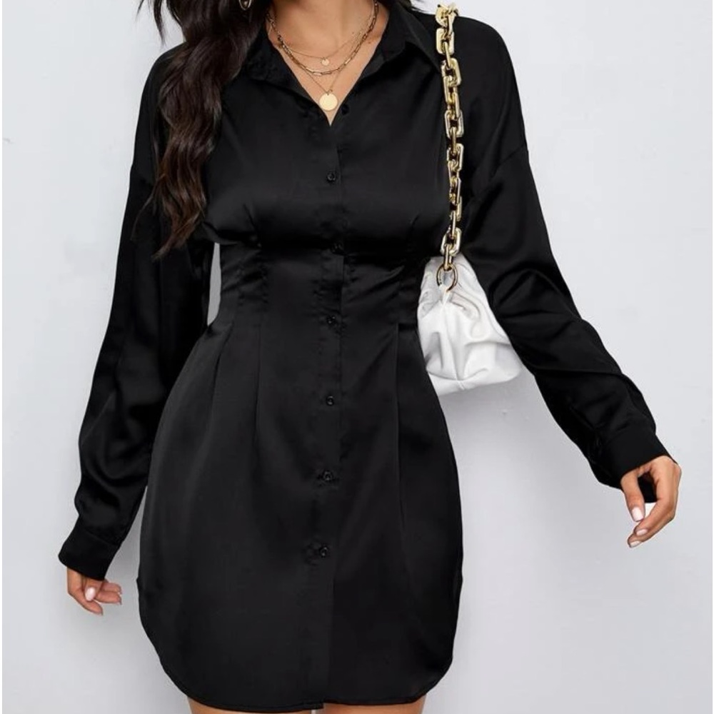 Pleated Waist Detail Satin Shirt Dress